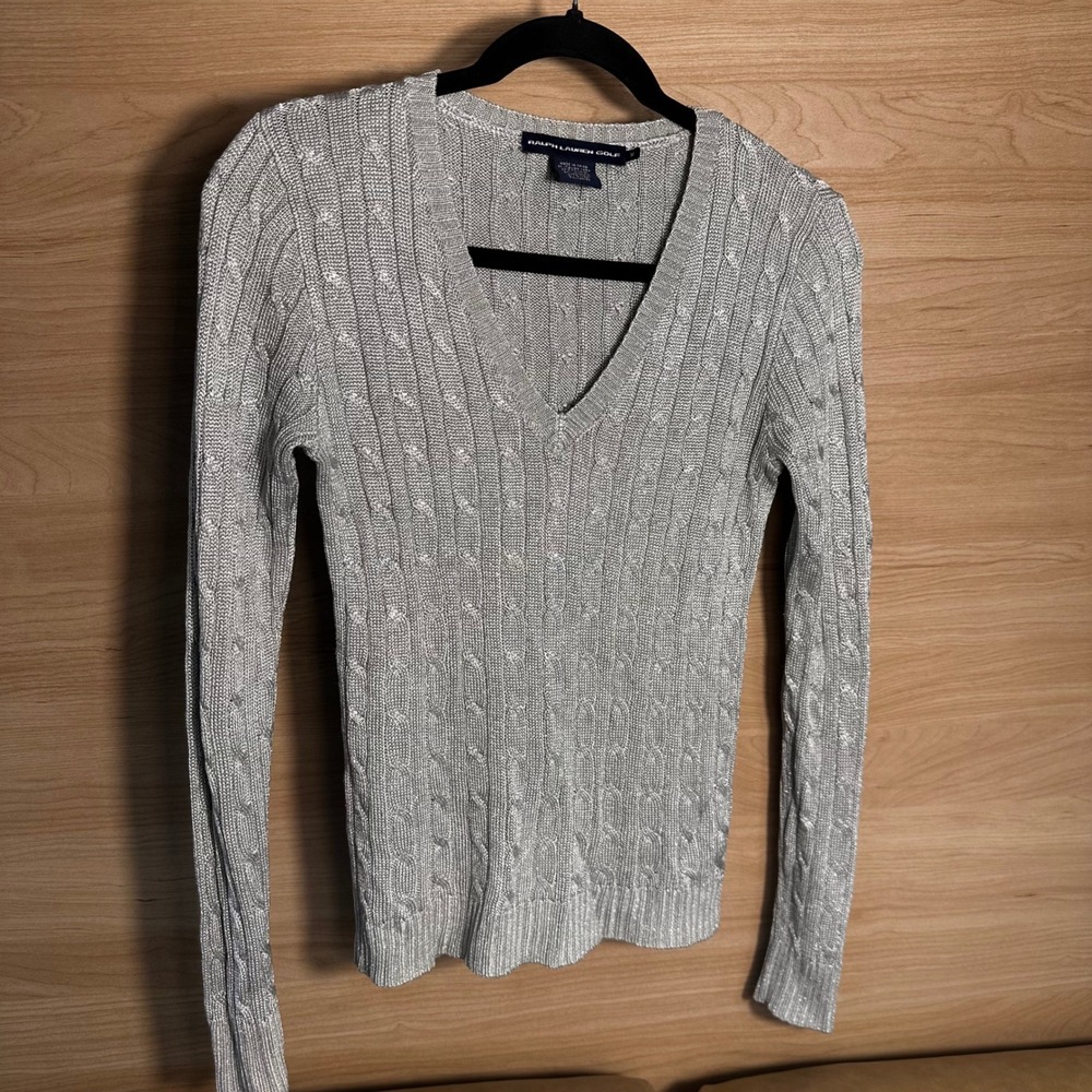 Ralph Lauren Golf Metallic Silver Cable Knit V-Neck Sweater Italian Yarn Medium